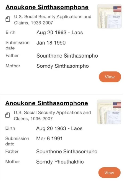 Two Social Security Claims entries for Anoukone Sinthasomphone showing consistent birth information but different submission dates and maternal name formats.