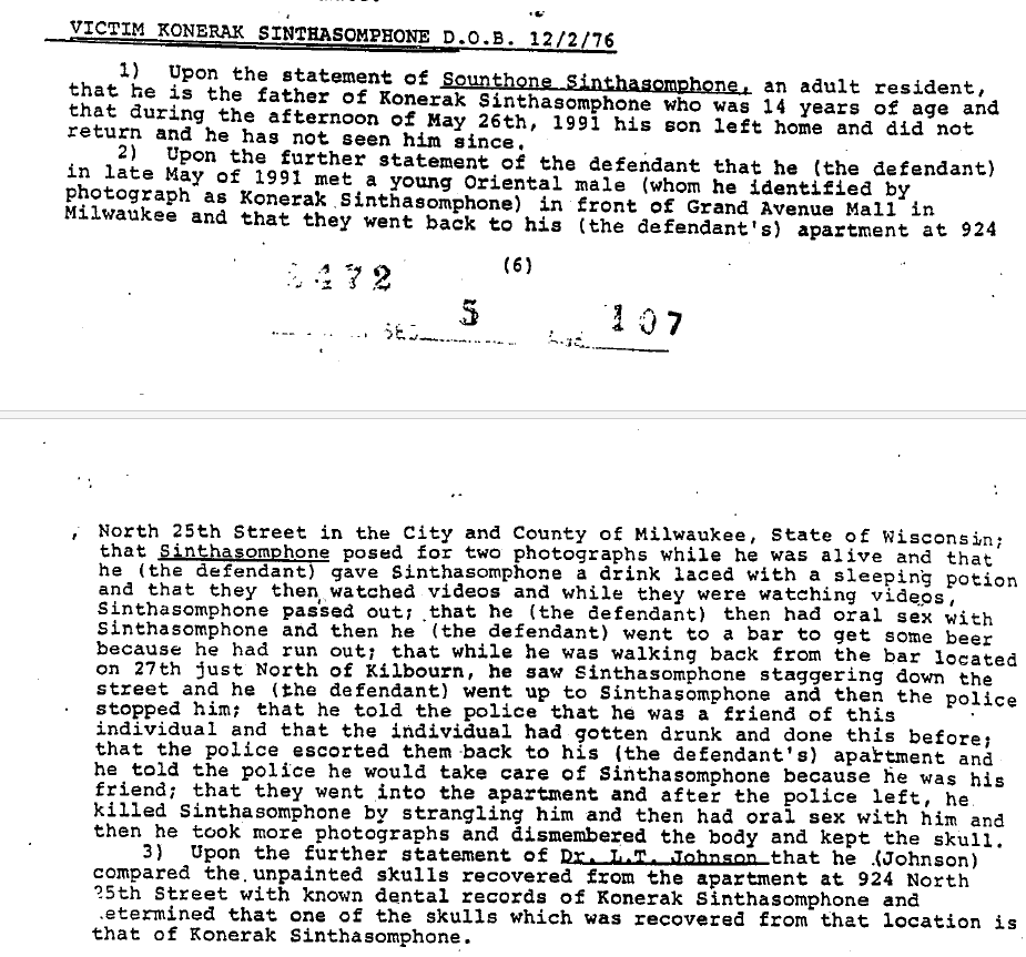 A black-and-white scanned document from Jeff Dahmer’s confession detailing the events surrounding the alleged death of Konerak Sinthasomphone. The text includes statements from Jeff Dahmer, victim identification based on a photograph, and a claim by the father, Sounthone Sinthasomphone. The document also includes forensic comparison by Dr. L.T. Johnson.