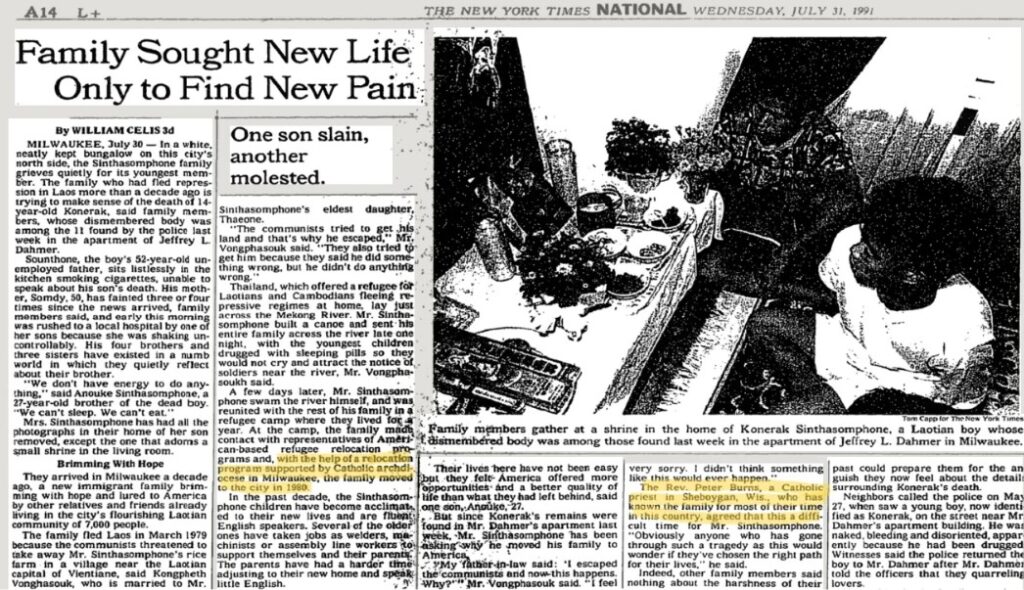 Scan of a 1991 New York Times article titled “Family Sought New Life, Only to Find New Pain,” featuring a photo of a family shrine and reporting on the alleged loss of Konerak Sinthasomphone. The article includes commentary from Catholic priest Father Peter Burns and references the family's refugee background.