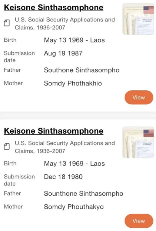 Two U.S. Social Security Applications and Claims entries for Keisone Sinthasomphone, showing the same birth date but different submission years and slight variations in the mother’s name spelling.