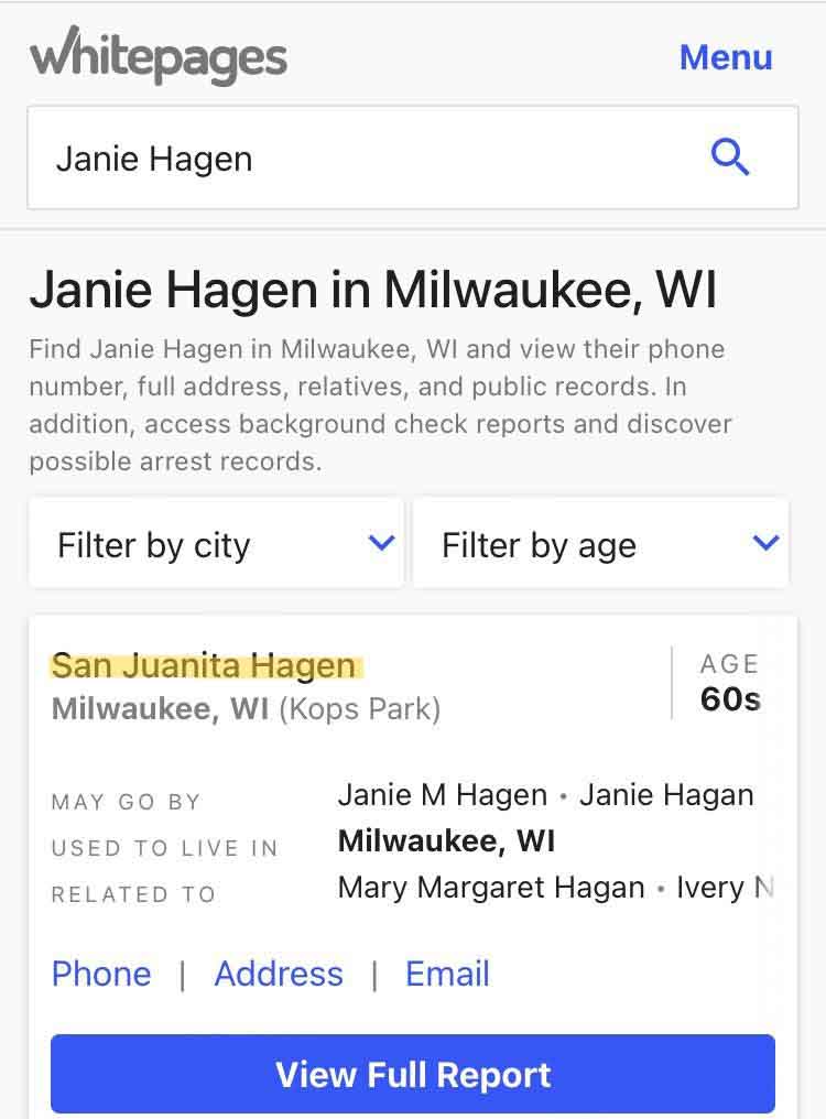 Whitepages listing for San Juanita Hagen in Milwaukee, Wisconsin, confirming alias as Janie Hagen