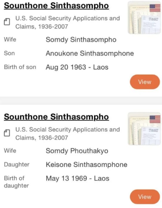 Screenshot showing two U.S. Social Security Applications and Claims records for Sounthone Sinthasompho, listing children Anoukone and Keisone Sinthasomphone, but no records for Konerak or Somsack.