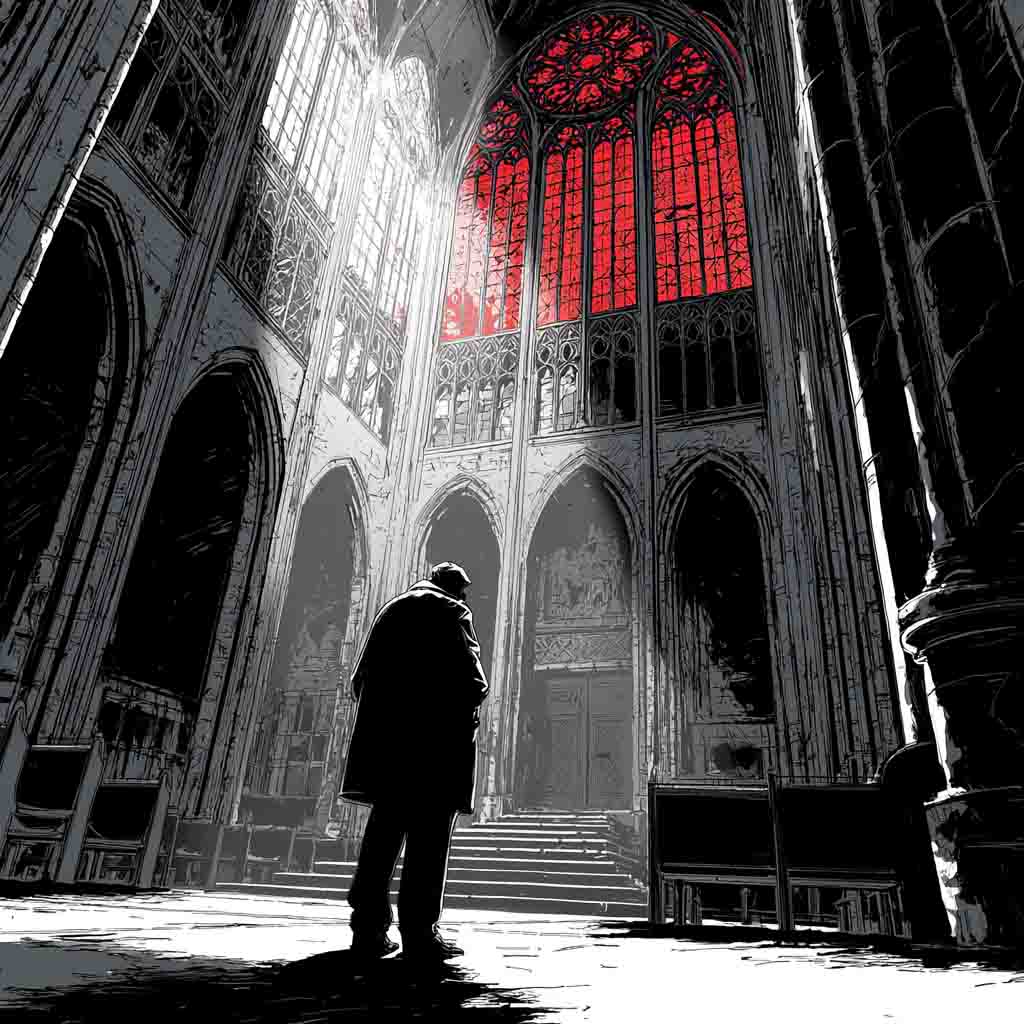 Noir-style illustration of a man standing inside a towering Catholic cathedral with blood-red stained glass, symbolizing the Archdiocese of Milwaukee’s role in the Jeffrey Dahmer cover-up and Archbishop Rembert Weakland’s scandal.