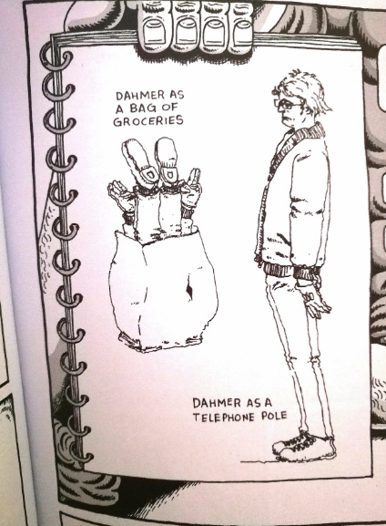 A cruel black-and-white cartoon from John Backderf’s My Friend Dahmer, showing a caricature of Jeffrey Dahmer inside a grocery bag labeled “Dahmer as a Bag of Groceries” and another labeled “Dahmer as a Telephone Pole,” reducing him to absurd, dehumanizing props.