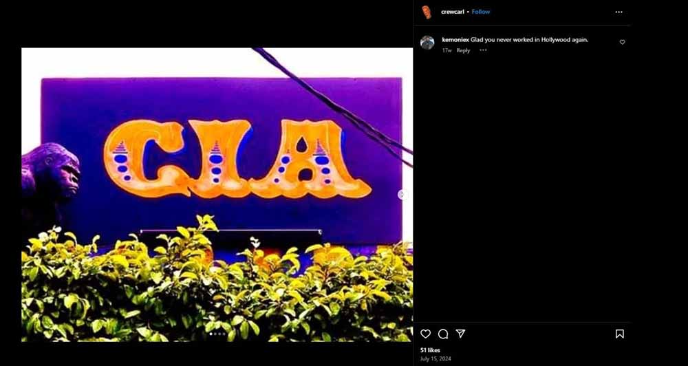 Screenshot of Carl Crew’s final Instagram post before his reported death, showing the sign for his club “California Institute of Abnormalarts” with the letters “CIA” in bold carnival-style font, and a gorilla statue peeking from the left side.