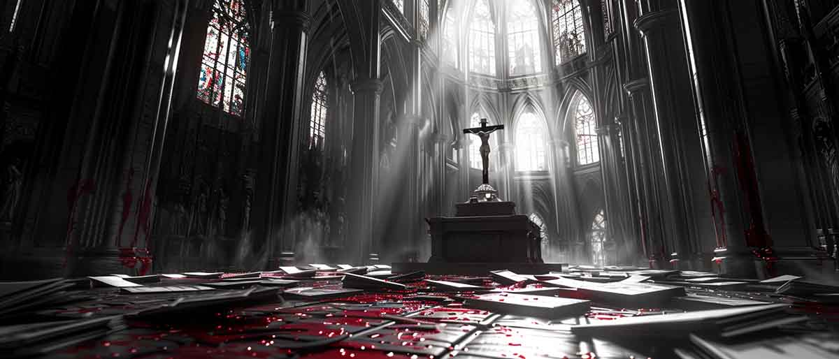 Noir-style illustration of a cathedral interior with crucifix and piles of hidden files, symbolizing Catholic Church cover-ups and institutional secrecy.