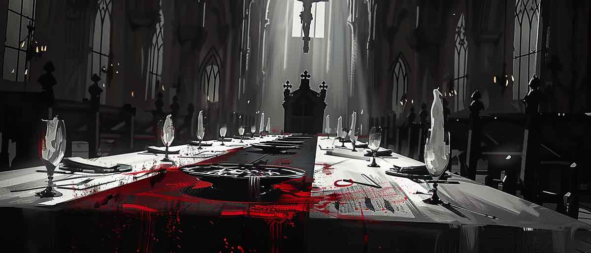 High-contrast noir-style illustration of a gothic banquet table inside a cathedral-like courtroom, long table set with glasses and plates, splashes of red across the white cloth, crucifix looming in the background — symbolizing the Jeffrey Dahmer show trial staged as dinner theater.