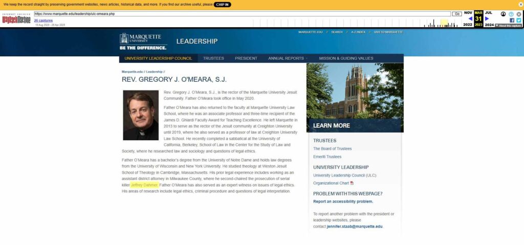 Screenshot of Marquette University’s 2023 Leadership page for Rev. Gregory J. O’Meara, S.J., showing his bio including a line stating he “second-chaired the prosecution of serial killer Jeffrey Dahmer” while working as an assistant district attorney in Milwaukee County.