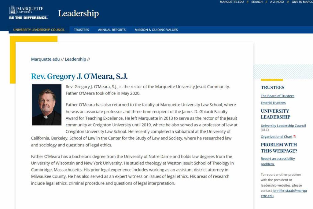 Screenshot of Marquette University’s 2025 Leadership page for Rev. Gregory J. O’Meara, S.J., showing his bio with no mention of Jeffrey Dahmer in the description of his prior legal experience.