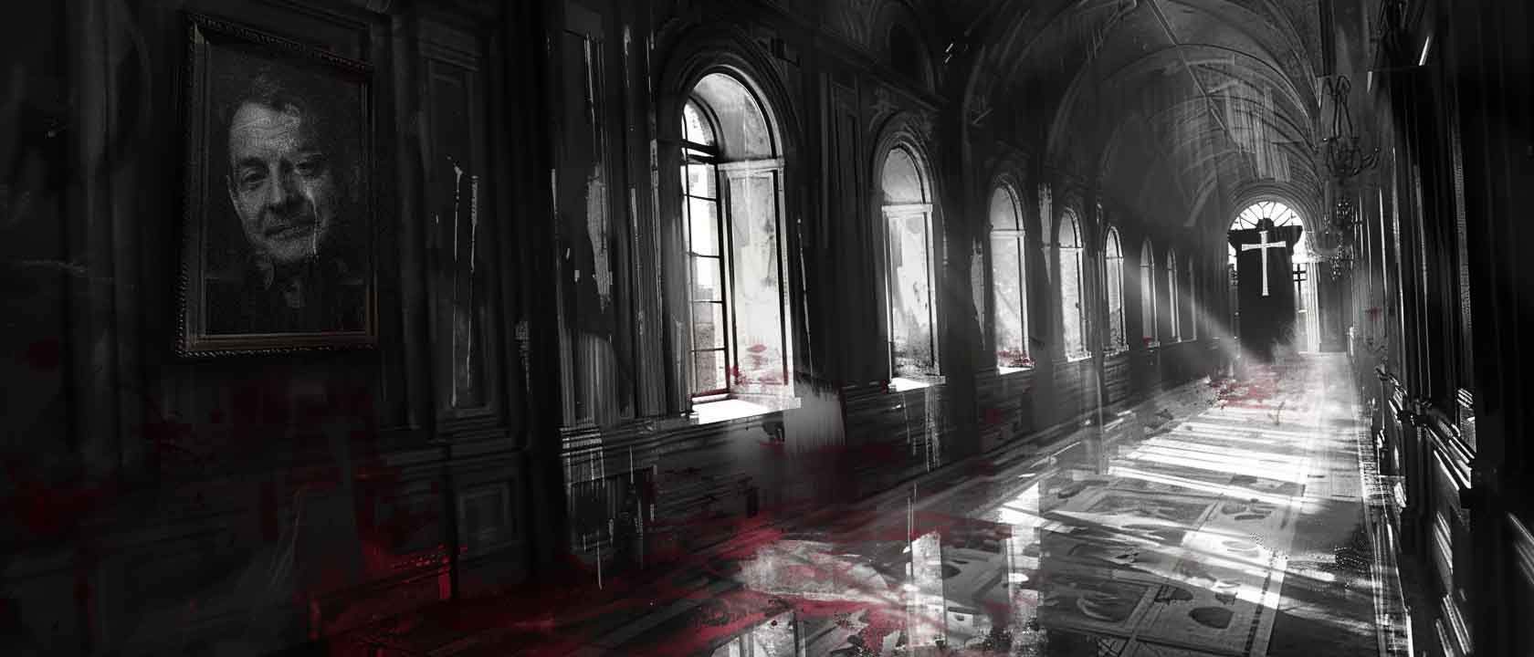 Noir-style hallway with Gregory O’Meara’s portrait in a dark frame, light streaming through gothic windows, cross glowing at the end, red stains on the floor — symbolizing secrecy and corruption at Marquette Law and the Dahmer trial.