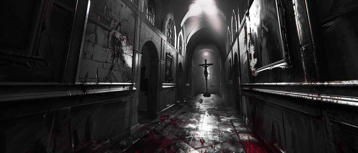 Noir-style hallway with crucifix under spotlight, blood stains on the floor and walls, symbolizing Marquette Law School’s entanglement in the Dahmer show trial cover-up.