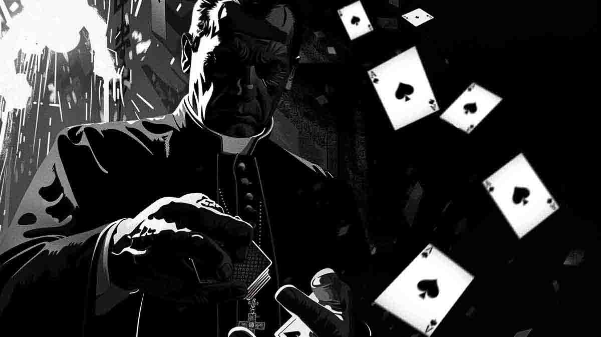 Illustration of a sinister priest performing a card trick with every card revealed as the ace of spades, symbolizing the blatant manipulation and obvious lies in the Jeffrey Dahmer case narrative.