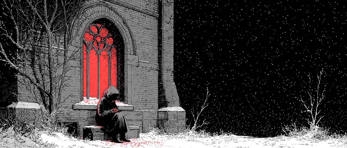 Illustration of Wendy Patrickus symbolized as a lone woman in the snow outside a church, representing how the Dahmer trial ruined her career as a defense attorney.