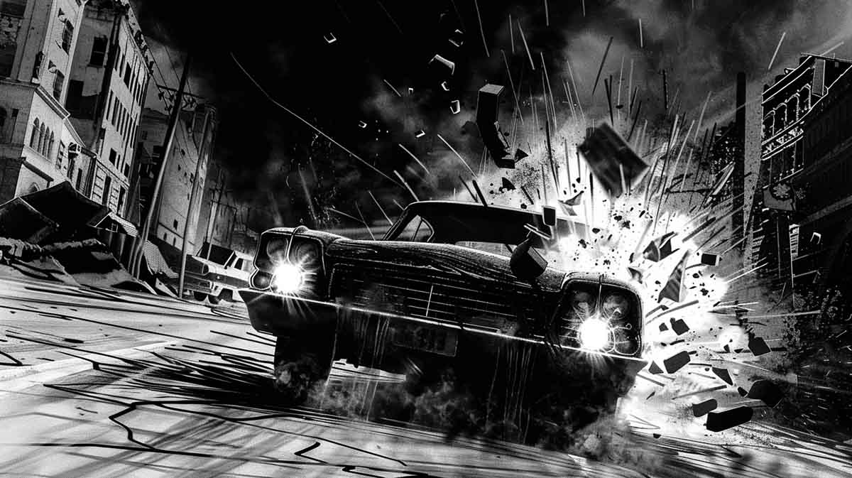 Noir-style illustration of a car speeding through a crumbling city, symbolizing the high-speed chase to expose the fake Dahmer story