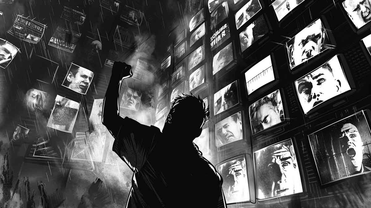 Silhouette defying a wall of glowing TV screens, symbolizing how the Dahmer industry recycled fear and erased the man behind the mask.