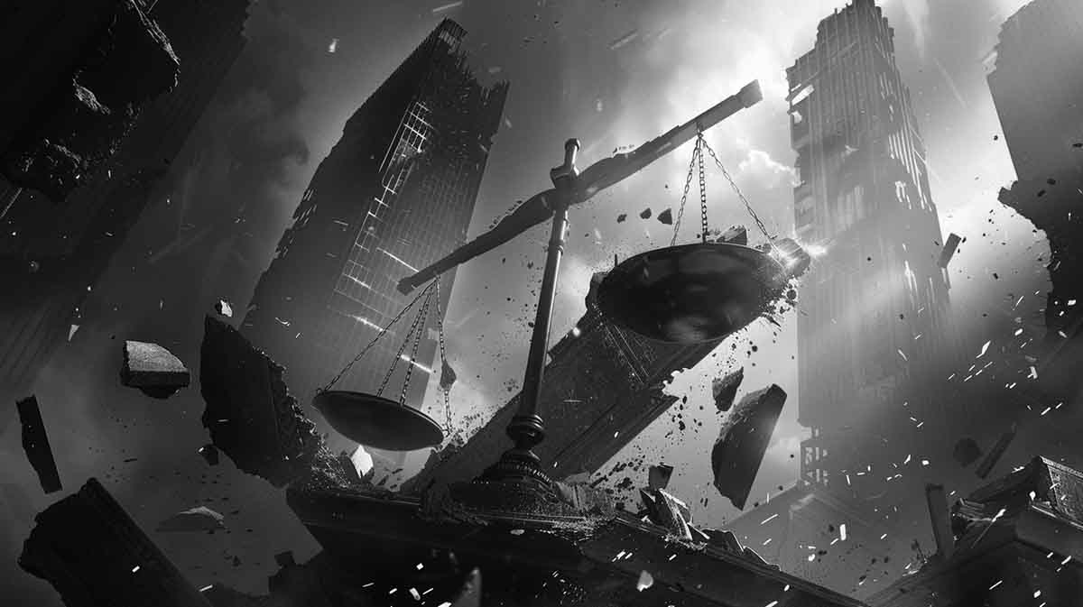 Black and white illustration of giant scales of justice collapsing among crumbling skyscrapers, symbolizing the staged nature of the Dahmer trial hoax.