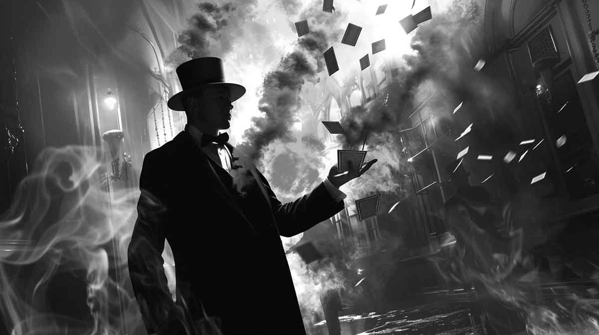 Black and white noir-style illustration of a magician performing a smoke-and-mirrors trick, symbolizing the Dahmer trial hoax.