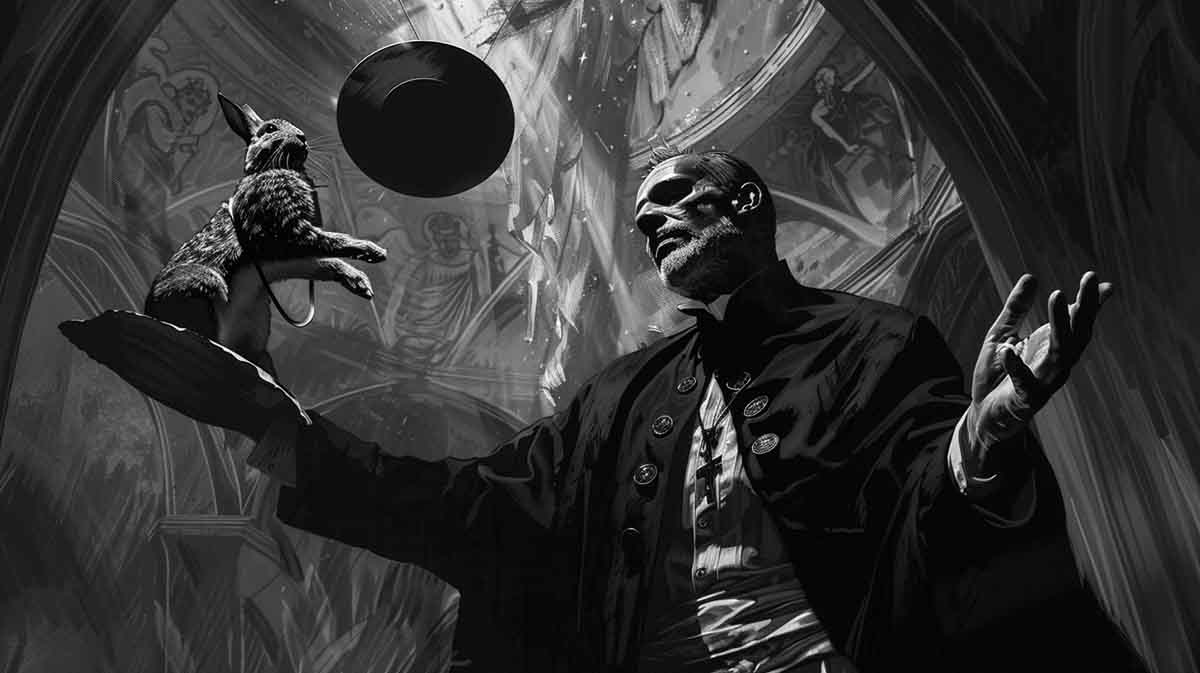 Black and white noir-style illustration of a priest presenting a rabbit on a tray under cathedral arches, symbolizing Jeffrey Dahmer as a sacrificial pawn in the trial hoax.