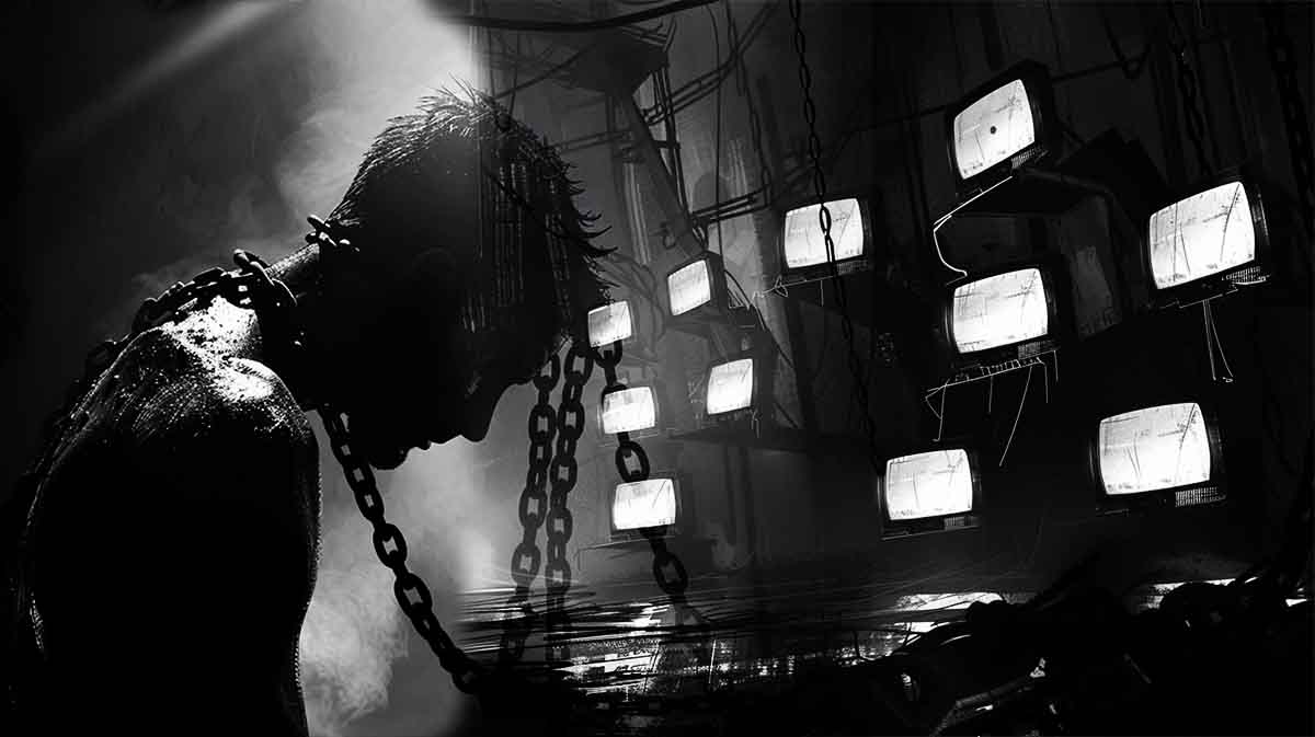 Black and white illustration of a chained man bowed under the weight of media screens, symbolizing Jeffrey Dahmer’s exploitation as a trafficked and manipulated figure in a manufactured public spectacle.