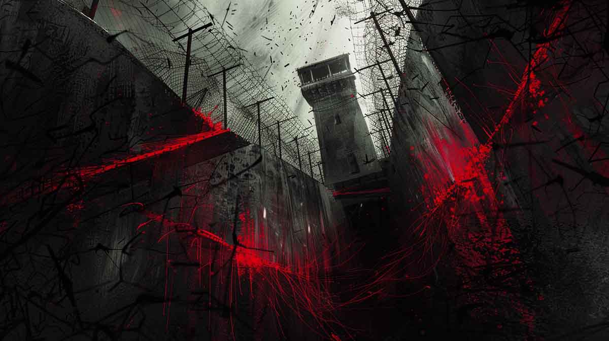 Surreal noir illustration of a gulag prison with barbed wire and guard tower, symbolizing Jeff Dahmer’s narrative imprisonment in a fabricated story
