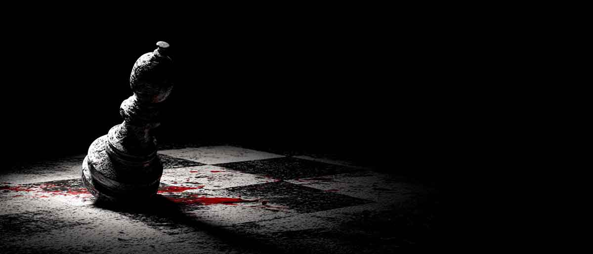 Noir-style illustration of a toppled pawn on a chessboard with blood stains, symbolizing Wendy Patrickus as the sacrificial piece in the fake Jeffrey Dahmer trial.