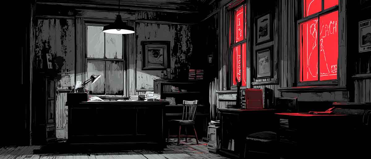 Noir illustration of a shabby one-room law office, symbolizing Wendy Patrickus’s stalled career after the Jeffrey Dahmer trial.