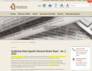 Screenshot of the Archdiocese of Milwaukee news release announcing Archbishop Timothy Dolan’s 2003 appointment of Dr. Charles Lodl to the Diocesan Review Board overseeing clergy sexual abuse cases.