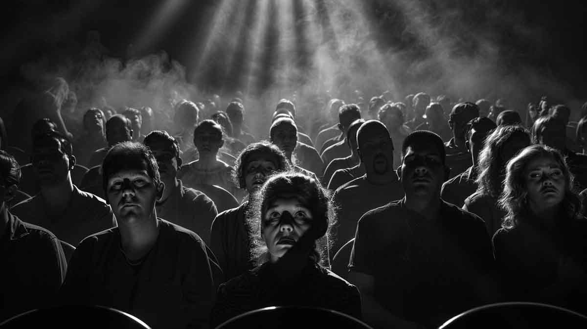 Black and white noir-style illustration of an audience staring blankly at a stage under harsh theatrical light, symbolizing the public mesmerized by the illusion of truth in the Jeffrey Dahmer story.