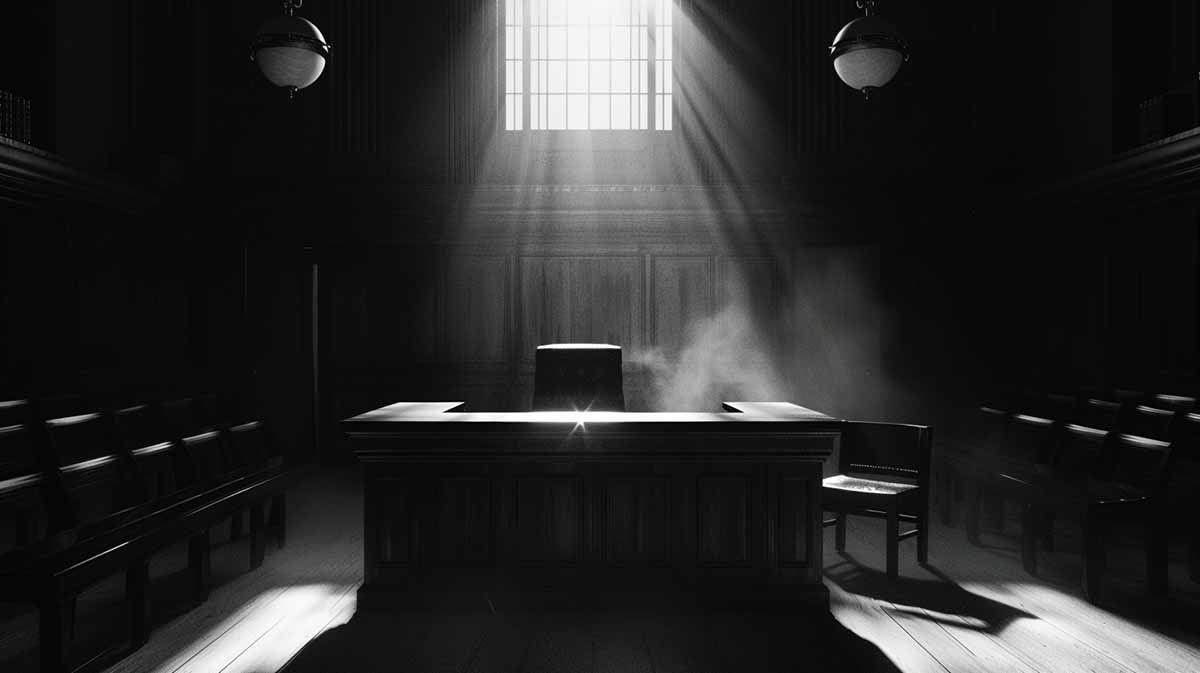 Black and white illustration of an empty courtroom