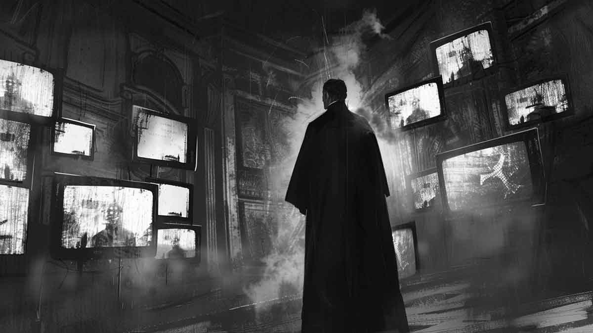 Black and white noir illustration of a man in a dark cloak standing before multiple flickering TV screens inside a shadowy cathedral, symbolizing media control and institutional cover-up in the Jeffrey Dahmer case.