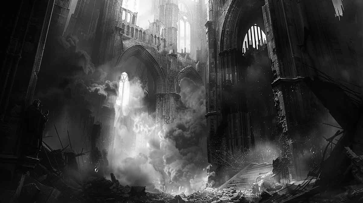 Black and white noir-style illustration of a collapsed cathedral filled with smoke and debris, symbolizing the Catholic Church’s corruption and collapse surrounding the Jeffrey Dahmer Ohio trial.