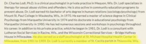 Excerpt from Dr. Charles Lodl’s biography showing his work as staff psychologist at St. Michael Hospital in Milwaukee and membership at St. Cecilia parish in Thiensville, Wisconsin.