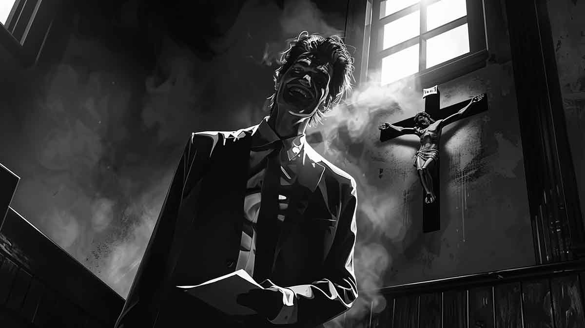Black and white noir-style illustration of a Catholic lawyer standing in a church beside a crucifix, symbolizing corruption and cover-up in the Jeffrey Dahmer Ohio trial.