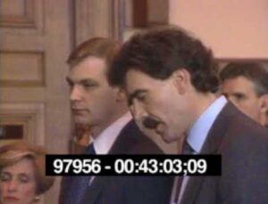 Still image from the Jeffrey Dahmer Ohio trial showing defense attorney Lawrence Vuillemin in the courtroom, symbolizing the Catholic legal network involved in Dahmer’s prosecution and cover-up.