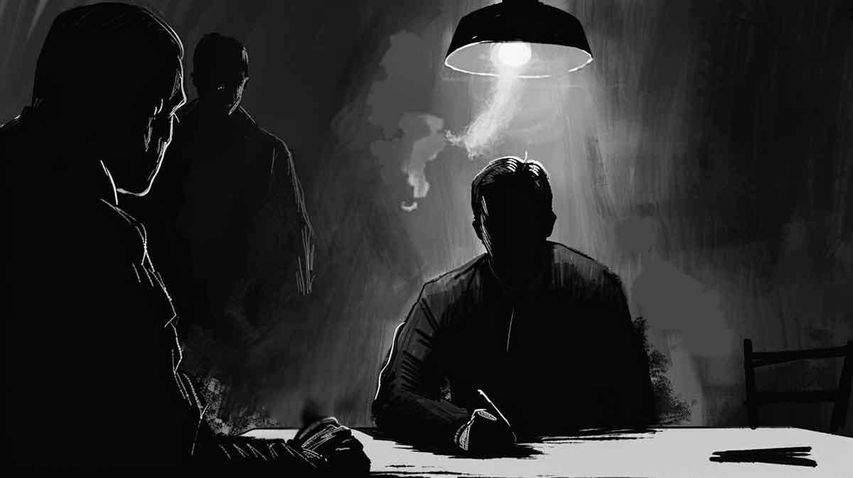 Black-and-white noir illustration of a dim interrogation room. A single overhead lamp casts harsh light on a man sitting at a table, while two shadowed figures stand in the background. Smoke drifts through the air, emphasizing the tense atmosphere.