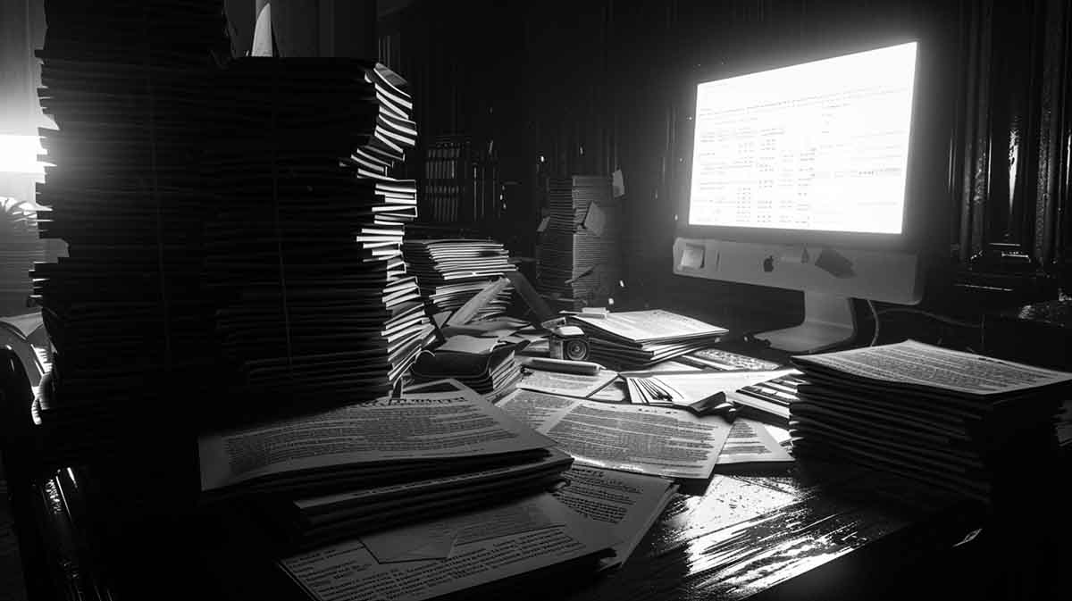 Black-and-white noir image of stacks of legal documents beside a glowing computer screen, symbolizing old Dahmer trial records resurfacing online.