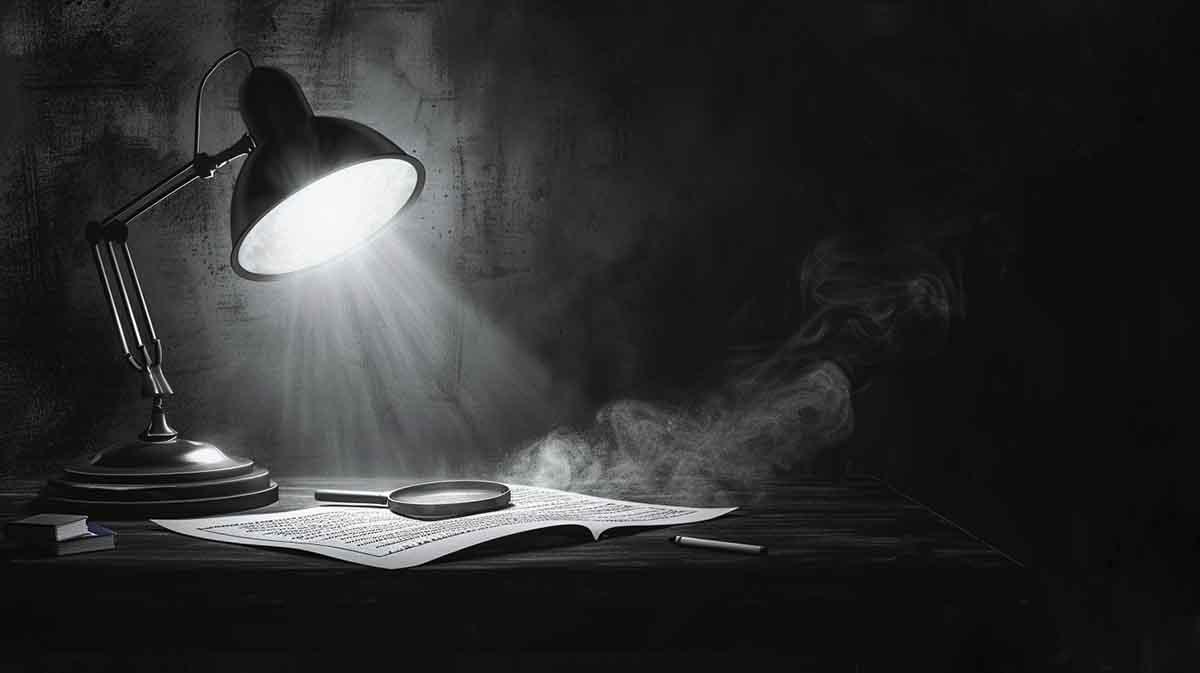 Black and white noir illustration of a lit desk lamp shining on documents with a magnifying glass and cigarette smoke in a dark archive room.