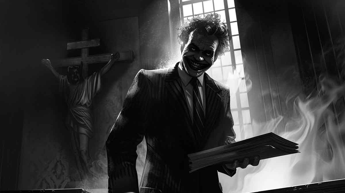A noir-style illustration of a sinister man in a suit holding documents in a smoky room with a crucifix on the wall.