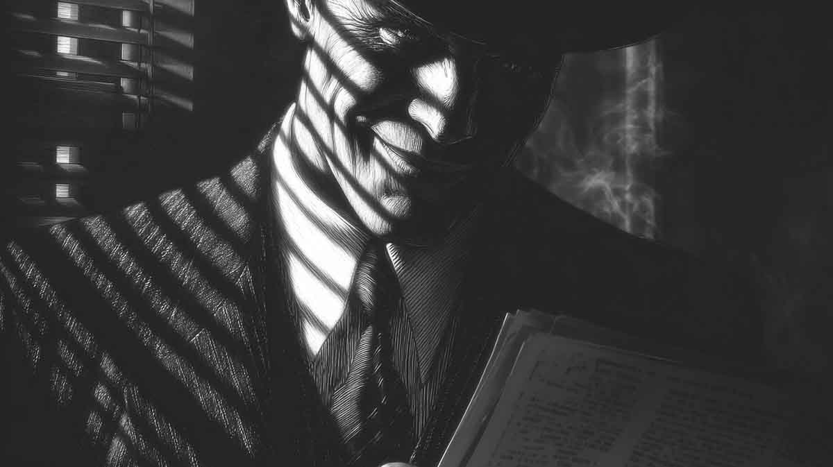 “A noir-style image of a shadowy man in a suit reading documents, lit by dramatic blinds casting stripes across his face.