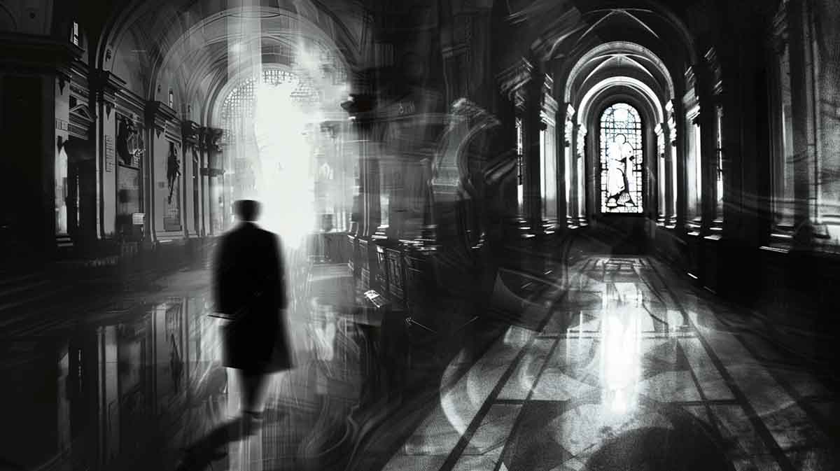 Black-and-white noir illustration of a shadowy figure walking through a cathedral corridor with arched columns, stained glass, and blurred motion suggesting secrecy and silence.