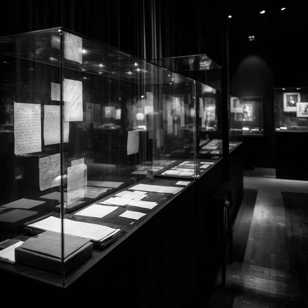 Black-and-white image of documents displayed in glass cases, resembling a museum exhibit of true crime artifacts and institutional records.