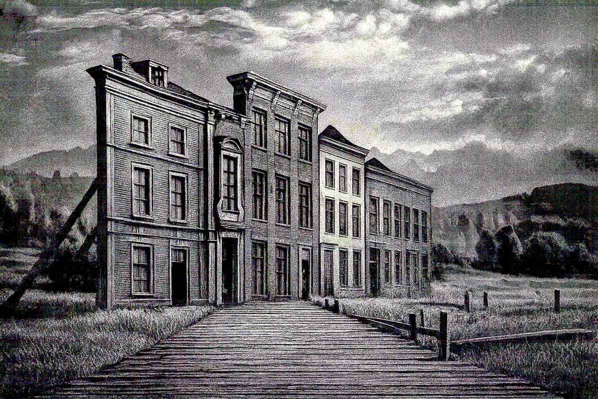 Illustration of a Potemkin village facade propped up from behind, symbolizing the Dahmer narrative as a staged illusion that collapses under scrutiny.