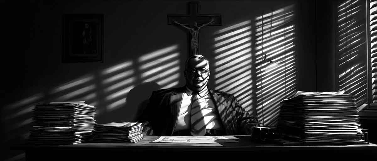 Film noir–style illustration of Jeffrey Dahmer's attorney Gerald Boyle seated behind a desk with stacks of legal documents, venetian blind shadows across the room, and a crucifix on the wall behind him.