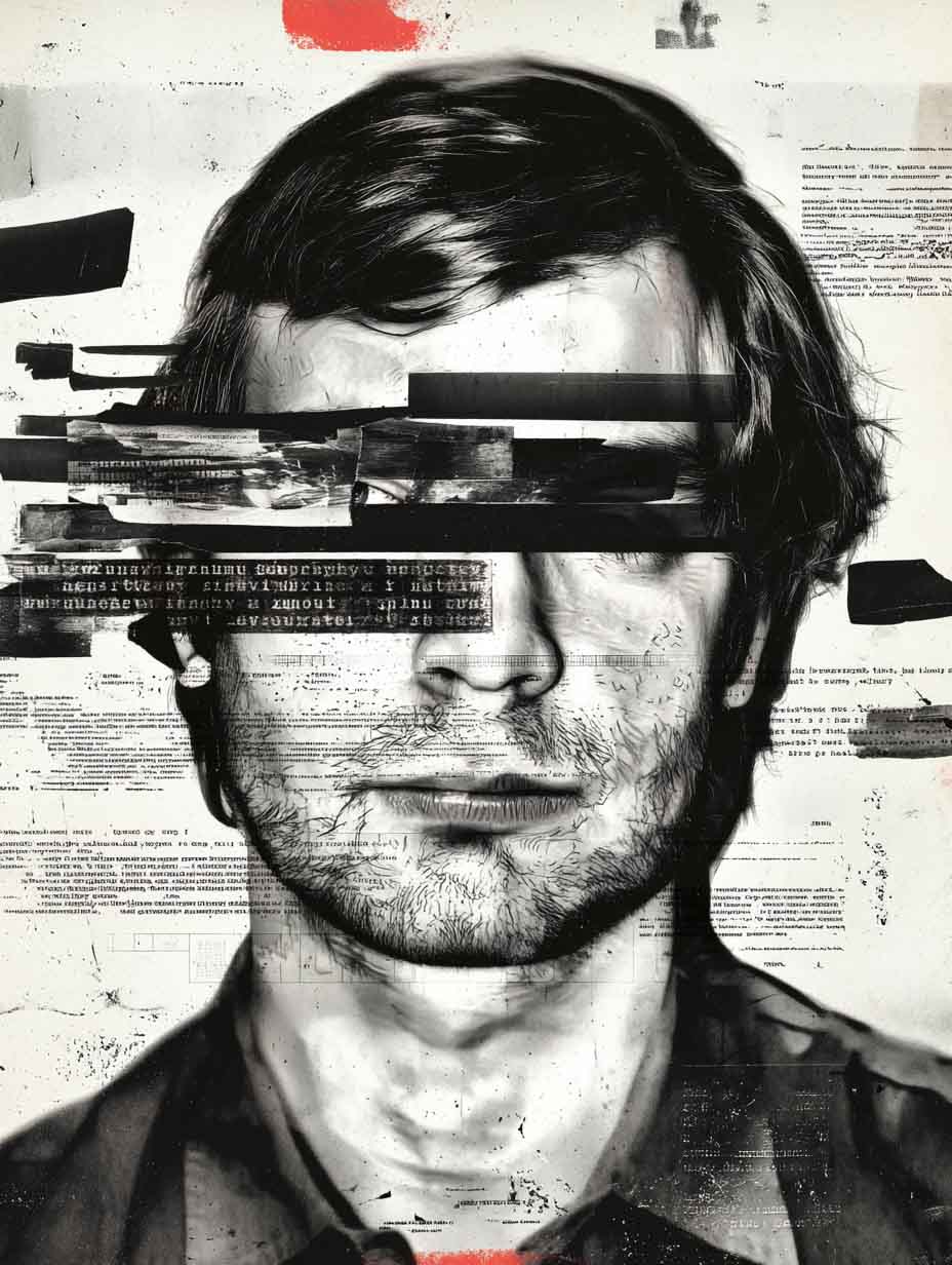 Collage-style portrait of Jeffrey Dahmer obscured by black redactions and official documents, representing a constructed identity and media distortion.