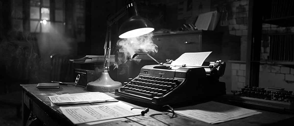Vintage typewriter under a dim lamp with secret documents on a desk, symbolizing samizdat underground truth and the exposure of the Jeffrey Dahmer hoax.