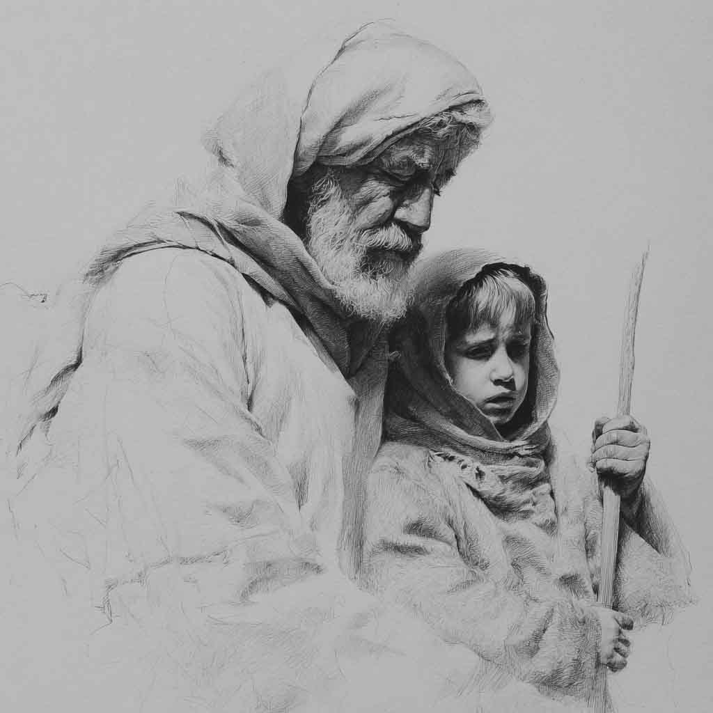 Pencil illustration of an elderly man and a young boy standing together, traditionally depicting Abraham and Isaac.