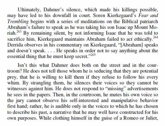 Excerpt from Gregory O’Meara’s 2009 paper comparing Jeffrey Dahmer’s silence to Abraham’s silence in Kierkegaard’s Fear and Trembling.