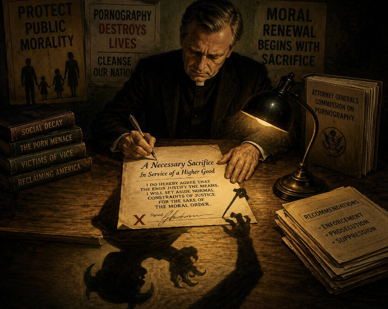 Symbolic illustration of a religious figure signing a document labeled "A Necessary Sacrifice" surrounded by anti-pornography materials and moral reform literature.