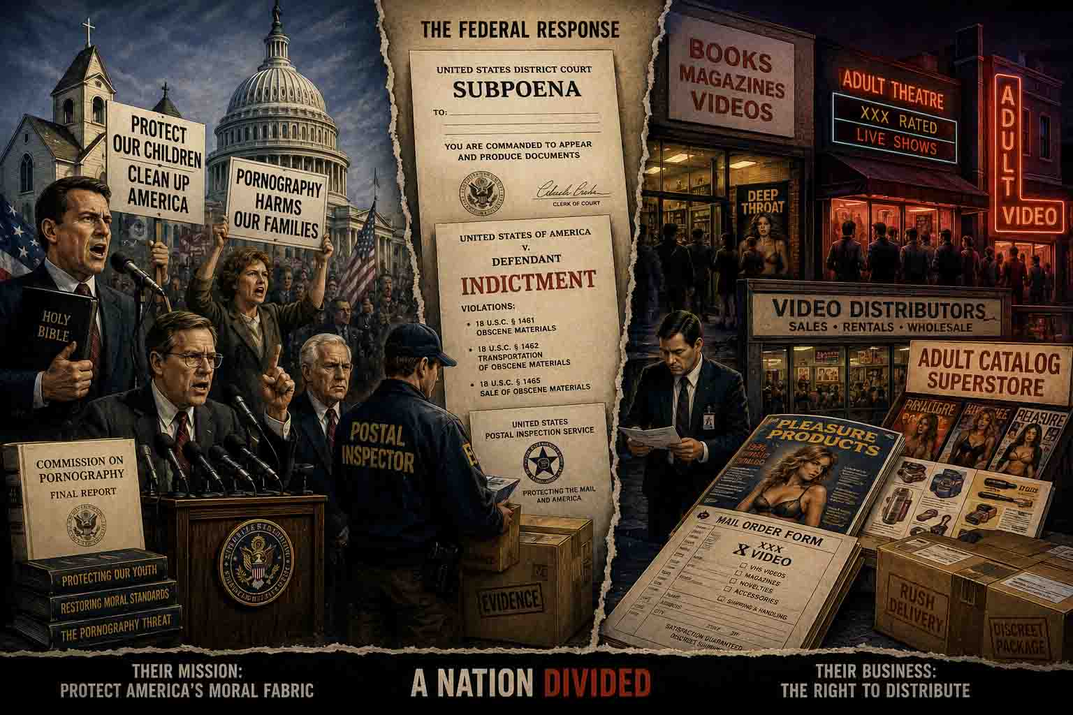 Illustration depicting the federal anti-pornography campaign of the 1980s, showing the Meese Commission, federal subpoenas, postal inspectors, and an adult video distribution business targeted by obscenity prosecutions.