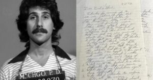 Side-by-side image showing a booking photo of Steve Toushin and Jeffrey Dahmer's August 21, 1992 handwritten letter to Lionel and Shari Dahmer.